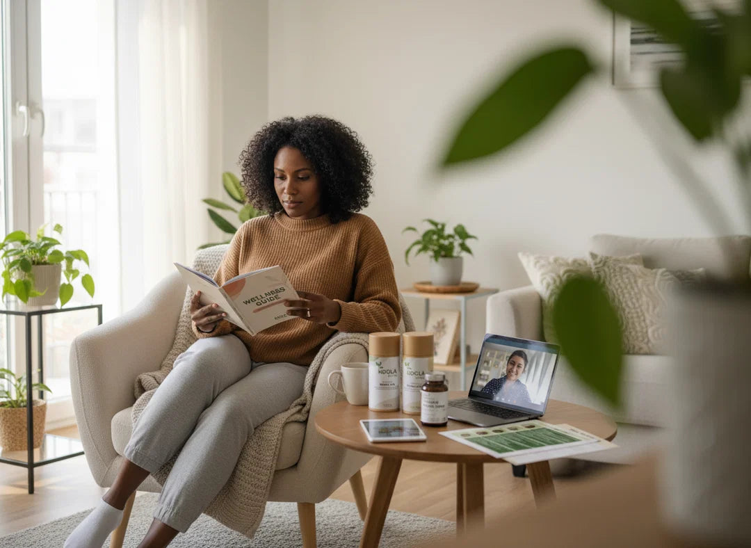 Woman reading a book in a cozy living room with plants and a laptop.